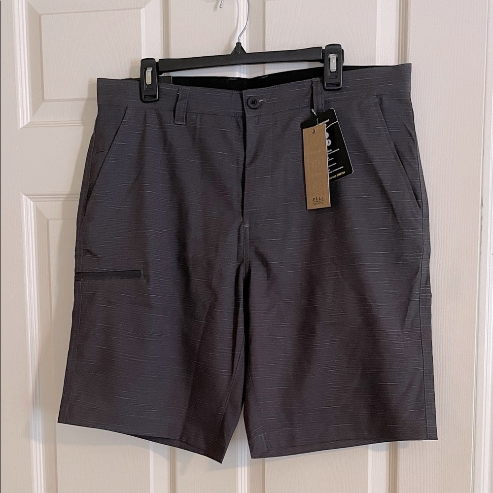 Puli Men's Golf Dress Gray Flat Front Hybrid Chino Casual Shorts Sz 34 NWT